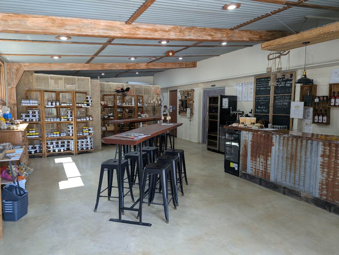 The Mount Stirling cellar door tasting room with honey and mead on display.