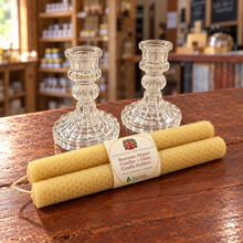 Load image into Gallery viewer, Beeswax Dinner Candles + Glass Candle Holders — Australian Bee Products