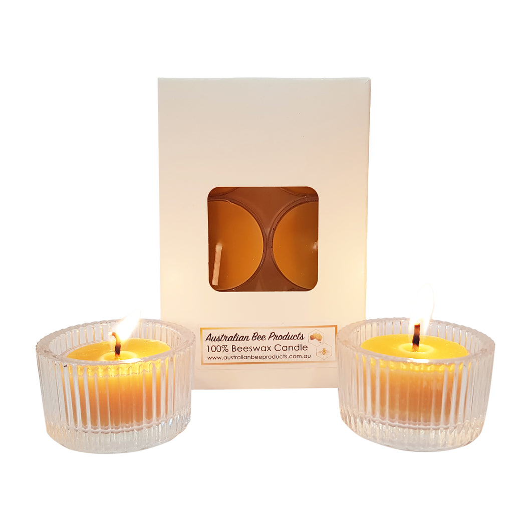 Beeswax Tealight Candles with Round Glass Holders